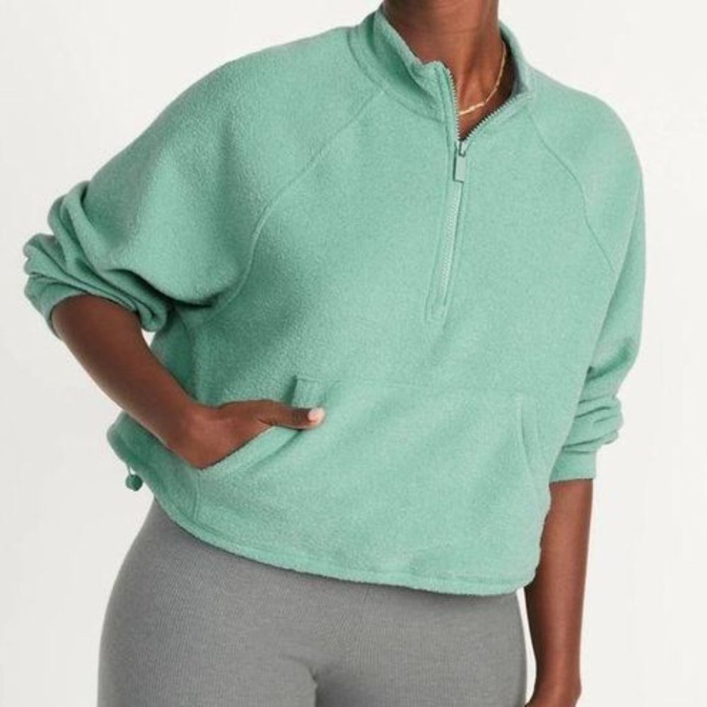 Old Navy Green Terry Half Quarter Zip Cropped Pullover Sweater Sweatshirt 2X